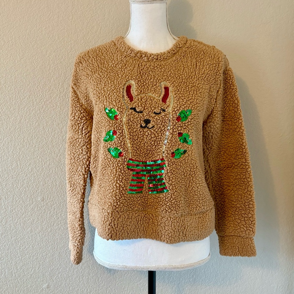 Cozy Sherpa Tan Sequined Llama Christmas Sweater size Medium